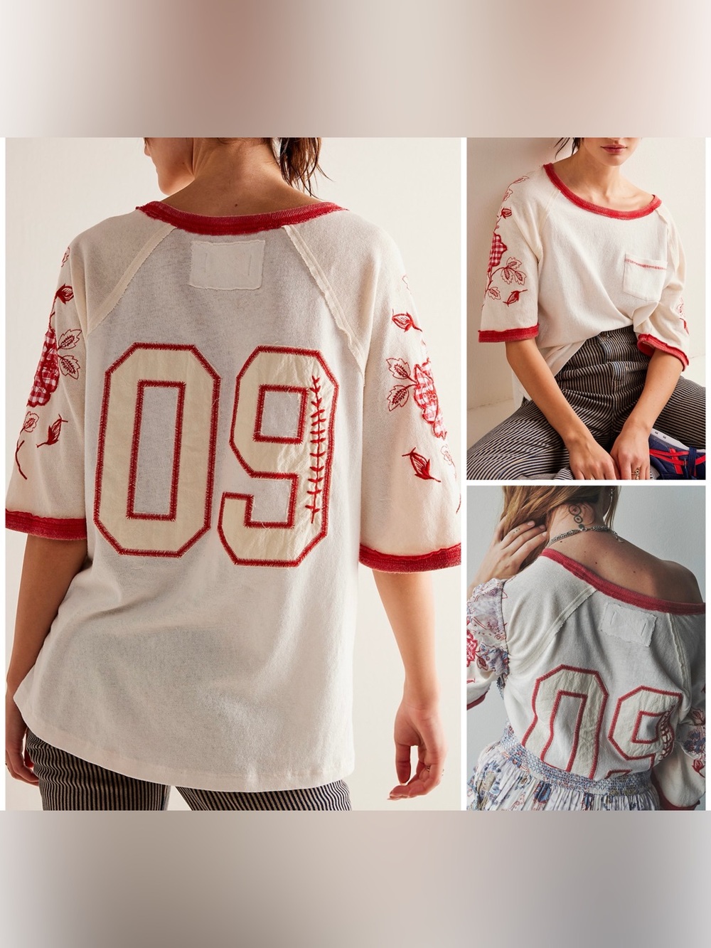 NWOT Free People We The Free Prairie Sport Tee - ivory combo red - Medium